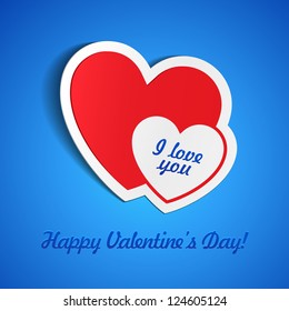 Double Red Heart Paper Sticker With Shadow On Blue Background Valentine's Day. Vector Illustration Postcard EPS10
