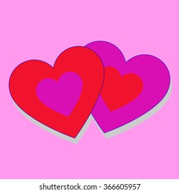Double red purple hearts on pink background