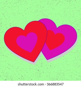 Double red purple hearts on green retro background