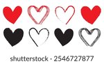 Double of red vector hearts retro styled and stroked by hands with brush for logo, romantic love design, wedding or Valentine