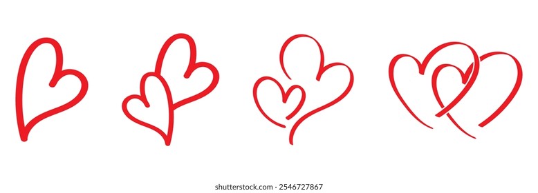 Double of red vector hearts retro styled and stroked by hands with brush for logo, romantic love design, wedding or Valentine's day card