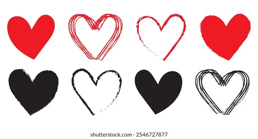 Double of red vector hearts retro styled and stroked by hands with brush for logo, romantic love design, wedding or Valentine's day card