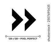Double right arrow black glyph icon. Symbolize fast forward, skip or next functions in media applications. Silhouette symbol on white space. Solid pictogram. Vector isolated illustration