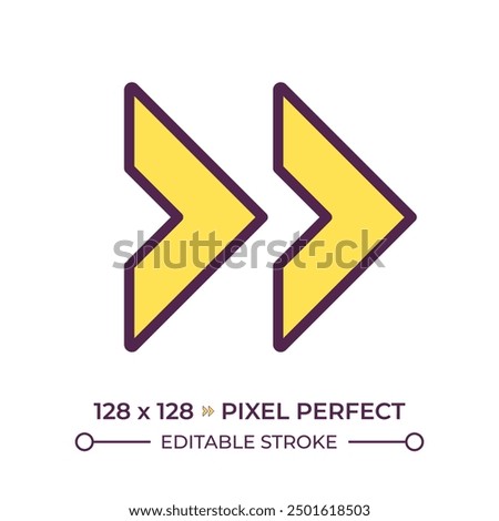 Double right arrow RGB color icon. Symbolize fast forward, skip or next functions in media applications. UI button. Isolated vector illustration. Simple filled line drawing. Editable stroke