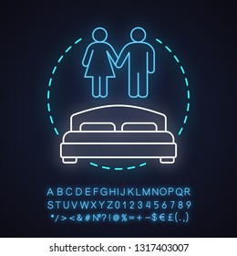 Double room neon light concept icon. Couple bed idea. Bedroom. Glowing sign with alphabet, numbers and symbols. Vector isolated illustration