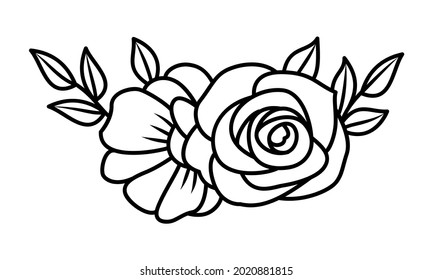 Double rose flower line design element. Black and white vector illustration svg
