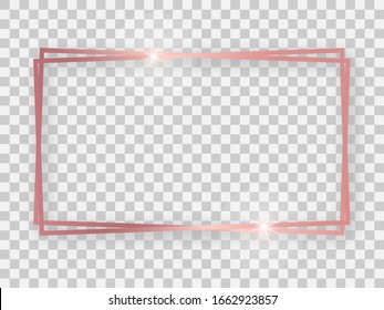 Double rose gold shiny 16x9 rectangular frame with glowing effects and shadows on transparent background. Vector illustration