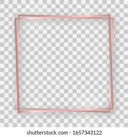 Double rose gold shiny square frame with glowing effects and shadows on transparent background. Vector illustration