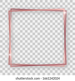 Double rose gold shiny square frame with glowing effects and shadows on transparent background. Vector illustration