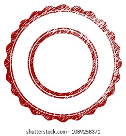 Double rosette circular frame distress textured template. Vector draft element with grainy design and distressed texture in red color. Designed for overlay watermarks and rubber seal imitations.