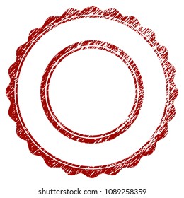 Double rosette circular frame grunge textured template. Vector draft element with grainy design and distressed texture in red color. Designed for overlay watermarks and rubber seal imitations.