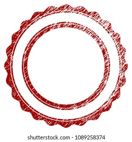 Double rosette circular frame grunge textured template. Vector draft element with grainy design and dust texture in red color. Designed for overlay watermarks and rubber seal imitations.