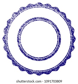 Double rosette circular frame grunge textured template. Vector draft element with grainy design and scratched texture in blue color. Designed for overlay watermarks and rubber seal imitations.