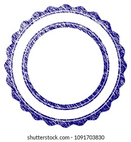Double rosette circular frame grunge textured template. Vector draft element with grainy design and dirty texture in blue color. Designed for overlay watermarks and rubber seal imitations.