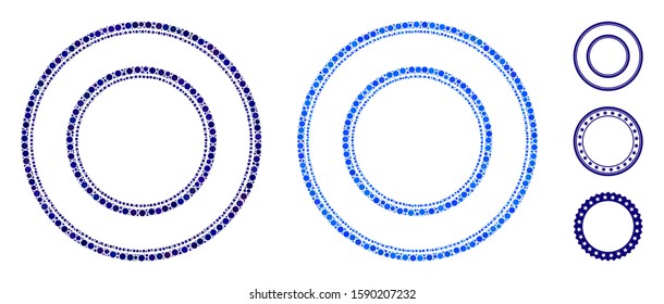 Double round frame mosaic of spheric dots in different sizes and color tinges, based on double round frame icon. Vector round dots are combined into blue mosaic.
