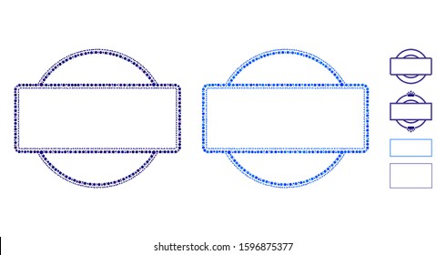 Double round and rectangle frame mosaic of small circles in various sizes and shades, based on double round and rectangle frame icon. Vector small circles are grouped into blue collage.