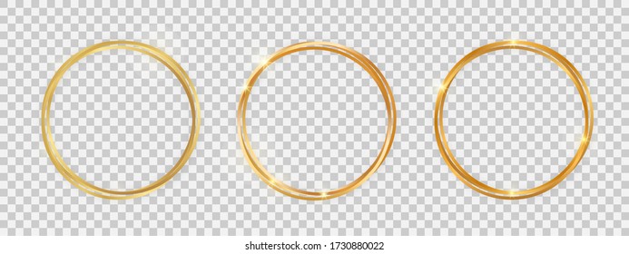 Double round shiny frames with glowing effects. Set of three gold double round frames with shadows on transparent background. Vector illustration