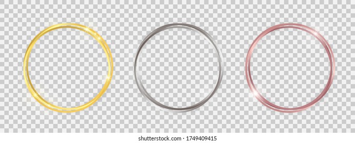 Double round shiny frames with glowing effects. Set of three gold, silver and rose gold double round frames with shadows on transparent background. Vector illustration