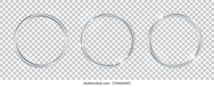 Double round shiny frames with glowing effects. Set of three silver double round frames with shadows on transparent background. Vector illustration