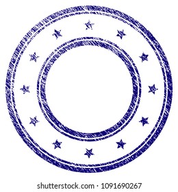 Double round starred frame grunge textured template. Vector draft element with grainy design and dirty texture in blue color. Designed for overlay watermarks and rubber seal imitations.