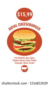 Double Royal Burger brochure poster promotion, burger vector illustration, realistic style. sample or mock up ads template fast food