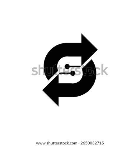 Double s tech symbol featuring dual arrows and negative space design, representing interconnected data flow and synchronization system icon.