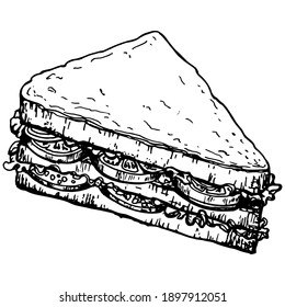 Double sandwich with tomatoes and lettuce leaves. Black and white illustration. Sketch. Isolated on a white background