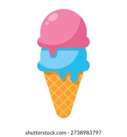 Double scoop ice cream cone icon with pink and blue scoops isolated on transparent background.