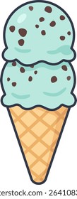 Double scoop mint chocolate chip ice cream cone with chocolate bits.