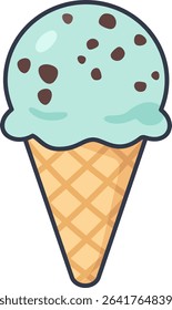 A double scoop mint chocolate chip ice cream in a waffle cone. Fresh and cute hand-drawn dessert element.