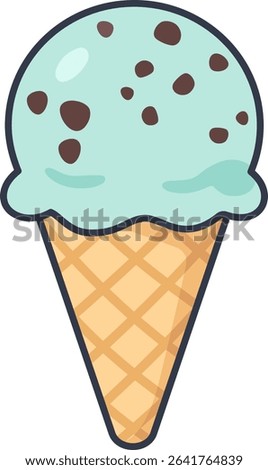 A double scoop mint chocolate chip ice cream in a waffle cone. Fresh and cute hand-drawn dessert element.