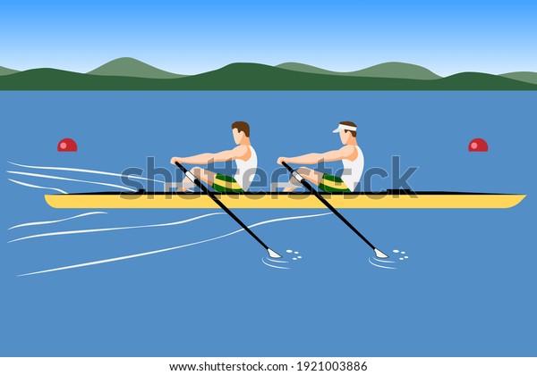 Double scull rowing team trains before the
competition, color vector illustration. Rowing boat is floating on
the river.