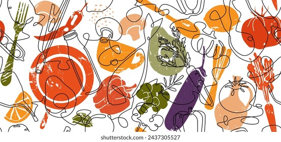 Doble patrón sin costuras con ilustración lineal de alimentos y grunge dibujado a mano siluetas de utensilios y verduras. Fondo abstracto del vector en tema culinario.