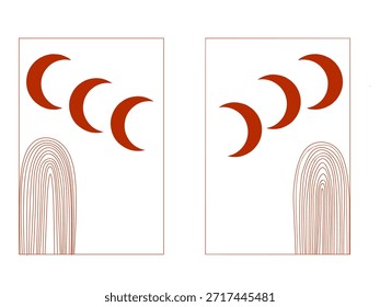 Un doble juego de papel de pared bohemio con un motivo de luna y círculo. Ilustración de arte abstracto contemporáneo. Un concepto bohemio para paredes e interiores.