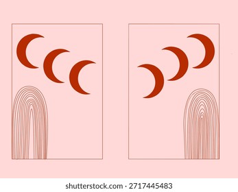 Un doble juego de papel de pared bohemio con un motivo de luna y círculo. Ilustración de arte abstracto contemporáneo. Un concepto bohemio para paredes e interiores.