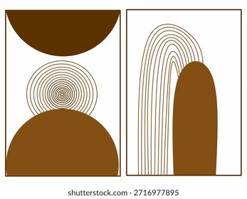 Doppel-Set aus braunem Kreis Tapete. Zeitgenössische abstrakte Kunstgrafik. Böhmisches Konzept für Wände und Innenräume.