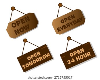 Un doble juego de carteles colgantes que dicen "abierto". Ilustración de un cartel colgante para un café.