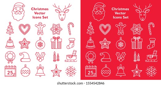 Double set of the most popular Christmas' Icons, red and white line, vector illustration. Set of signs for infographic, logo, app development, web design, social media marketing, greetings card. 