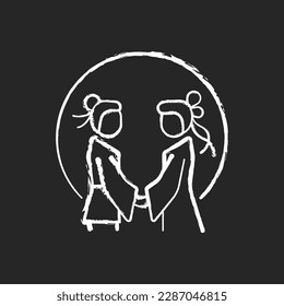 Double seventh festival chalk white icon on black background. Chinese valentine day. Eastern equivalent. Romantic legend. Annual cowherd and weaver meeting. Isolated vector chalkboard illustration