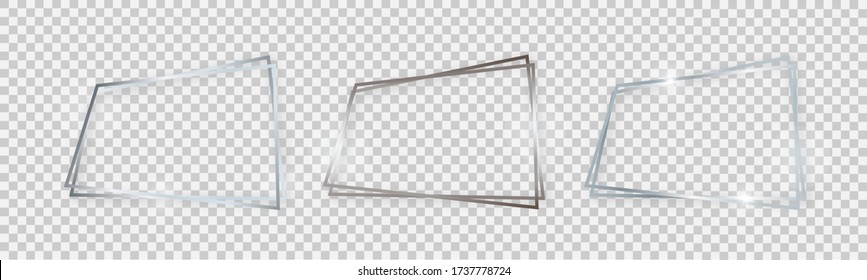 Double shiny frames with glowing effects. Set of three silver double frames with shadows on transparent background. Vector illustration
