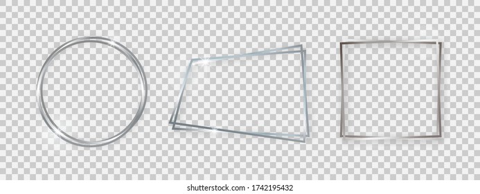 Double shiny frames with glowing effects. Set of three silver double frames with shadows on transparent background. Vector illustration