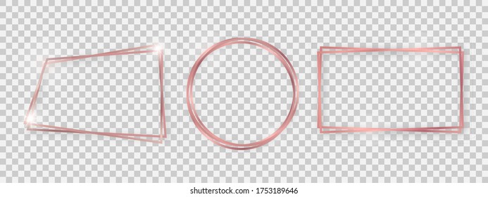 Double shiny frames with glowing effects. Set of three rose gold double frames with shadows on transparent background. Vector illustration