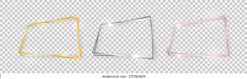 Double shiny frames with glowing effects. Set of three gold, silver and rose gold double frames with shadows on transparent background. Vector illustration