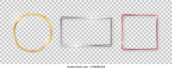Double shiny frames with glowing effects. Set of three gold, silver and rose gold double frames with shadows on transparent background. Vector illustration