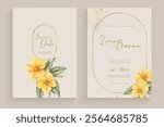 Double side modern wedding invitation template with yellow flower watercolor arrangement