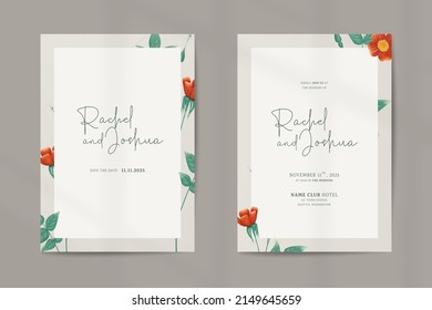 Moderne Hochzeitseinladungsvorlage auf der Doppelseite mit orangefarbenen Blumenzornamenten