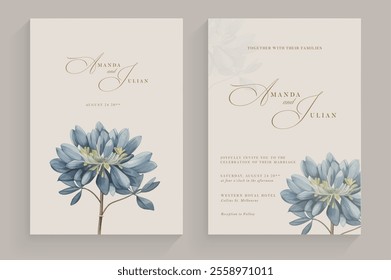 Double side modern wedding invitation template with blue flower arrangement