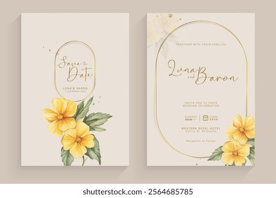 Double side modern wedding invitation template with yellow flower watercolor arrangement