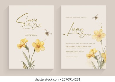 Double side modern wedding invitation template with yellow flower watercolor arrangement