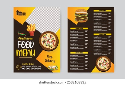 Double sided a4 size Food menu template, Fast food menu board, Burger menu, Restaurant price card, editable Double sided Restaurant menu template design